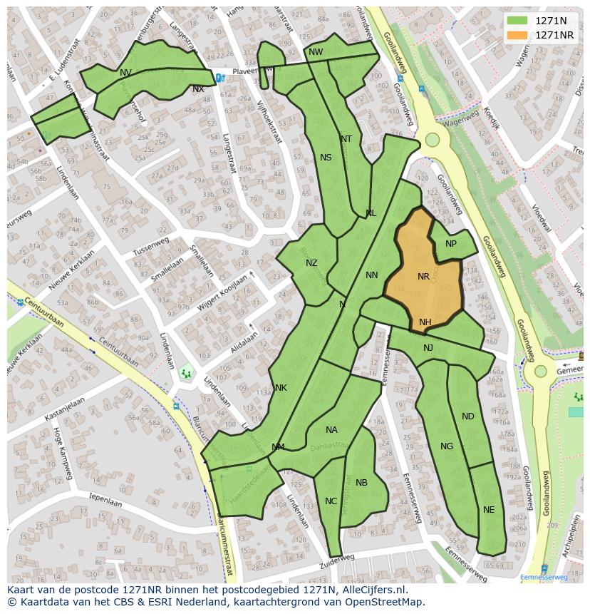 Afbeelding van het postcodegebied 1271 NR op de kaart.