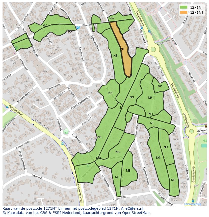 Afbeelding van het postcodegebied 1271 NT op de kaart.