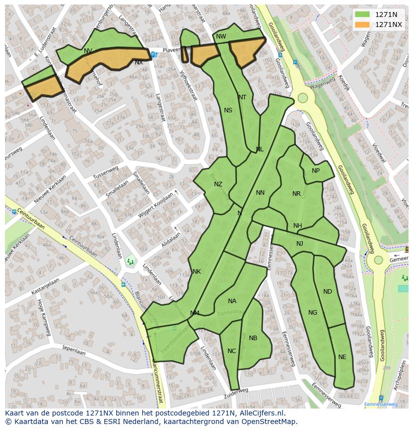 Afbeelding van het postcodegebied 1271 NX op de kaart.