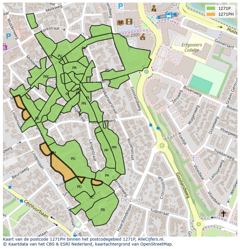 Afbeelding van het postcodegebied 1271 PH op de kaart.