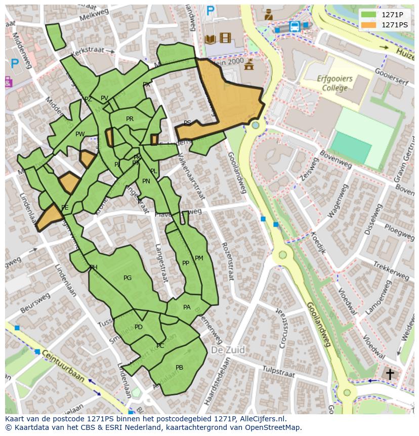 Afbeelding van het postcodegebied 1271 PS op de kaart.