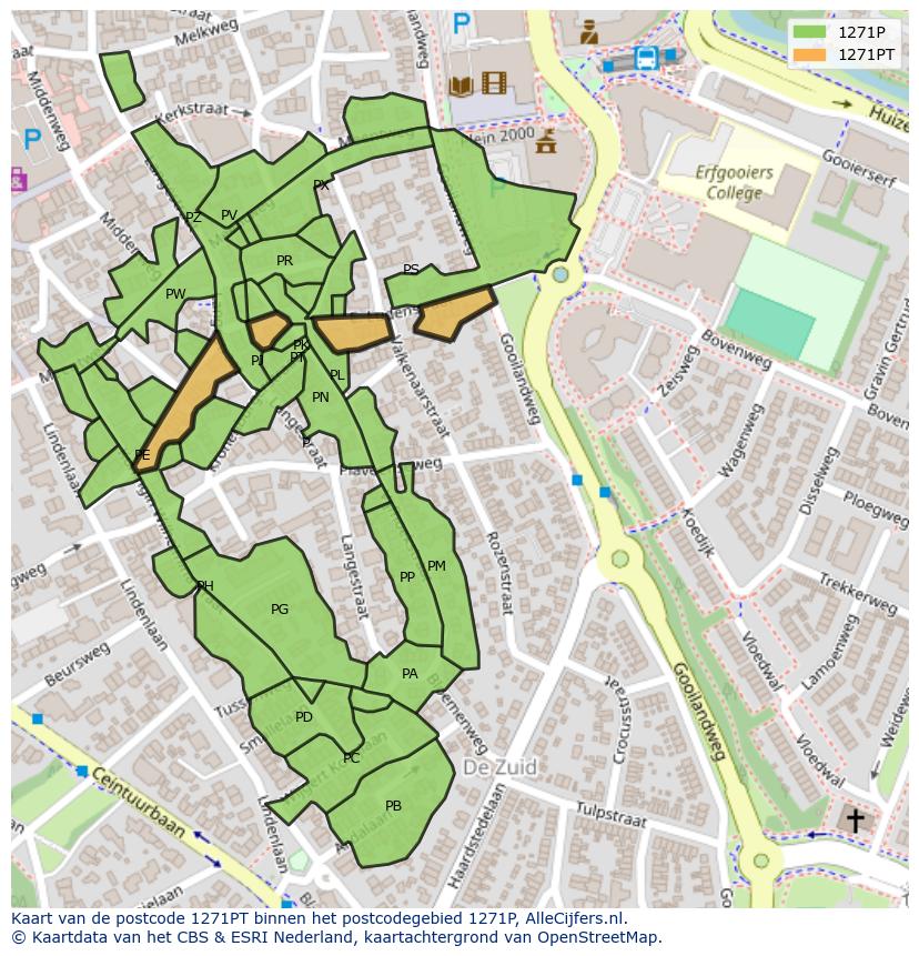 Afbeelding van het postcodegebied 1271 PT op de kaart.