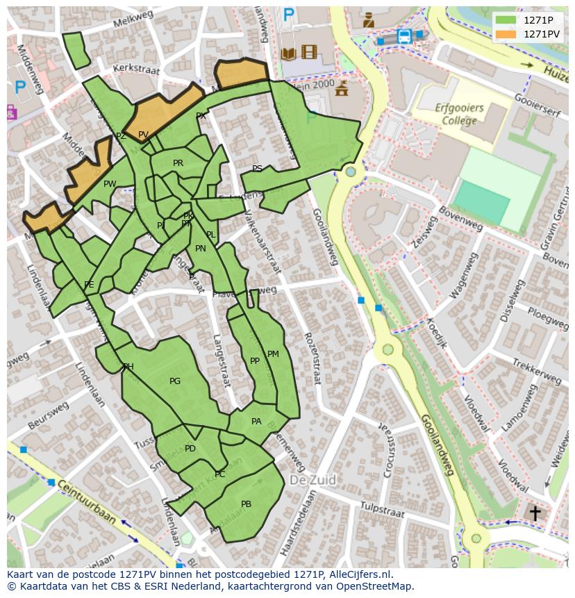 Afbeelding van het postcodegebied 1271 PV op de kaart.