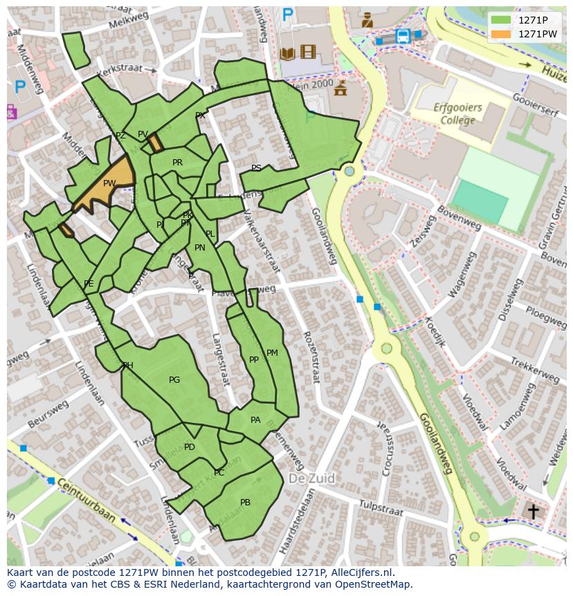 Afbeelding van het postcodegebied 1271 PW op de kaart.