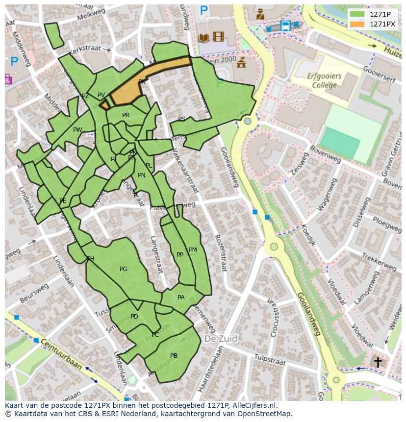 Afbeelding van het postcodegebied 1271 PX op de kaart.