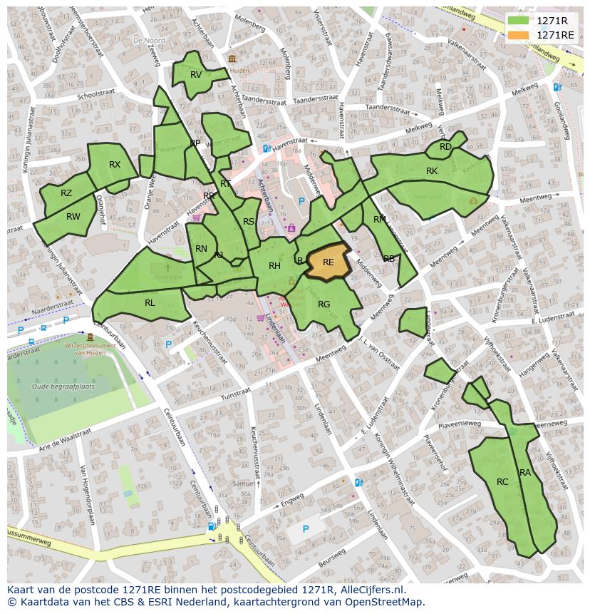 Afbeelding van het postcodegebied 1271 RE op de kaart.