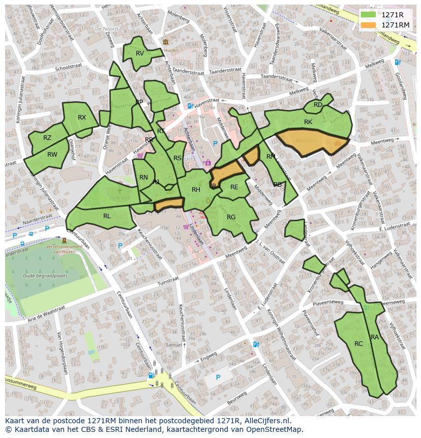 Afbeelding van het postcodegebied 1271 RM op de kaart.