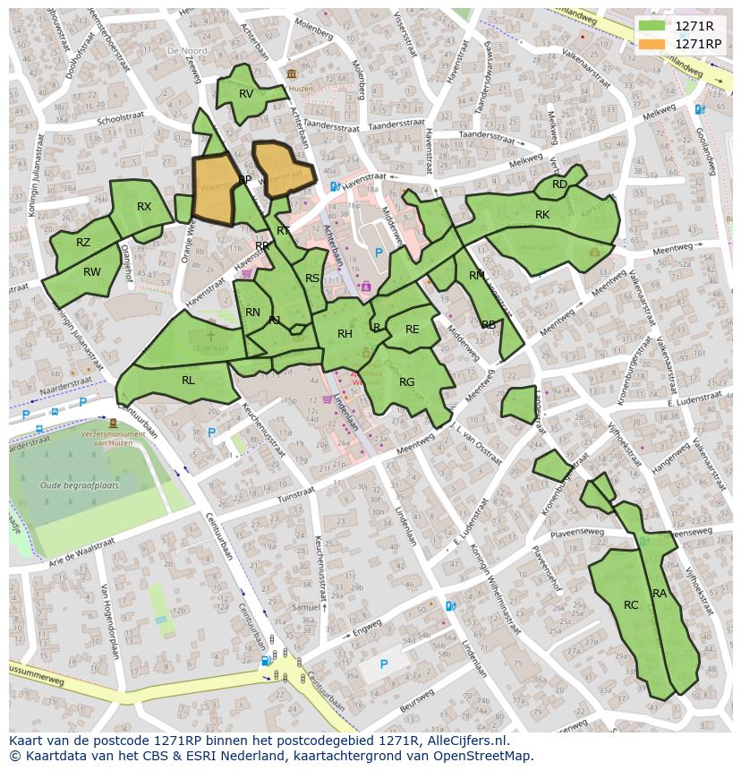 Afbeelding van het postcodegebied 1271 RP op de kaart.