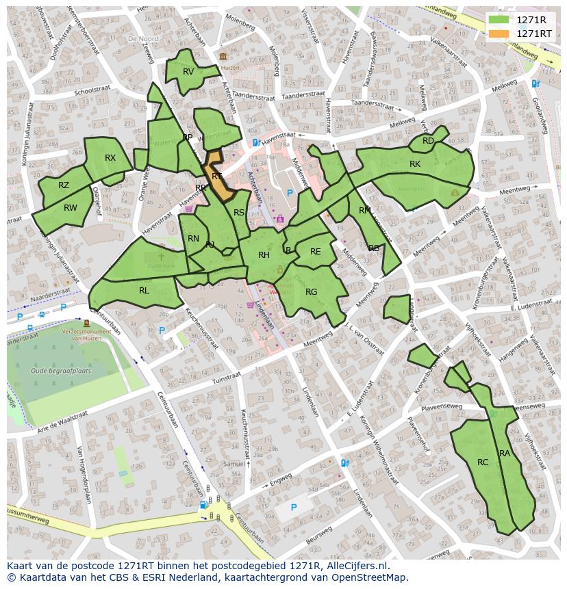 Afbeelding van het postcodegebied 1271 RT op de kaart.