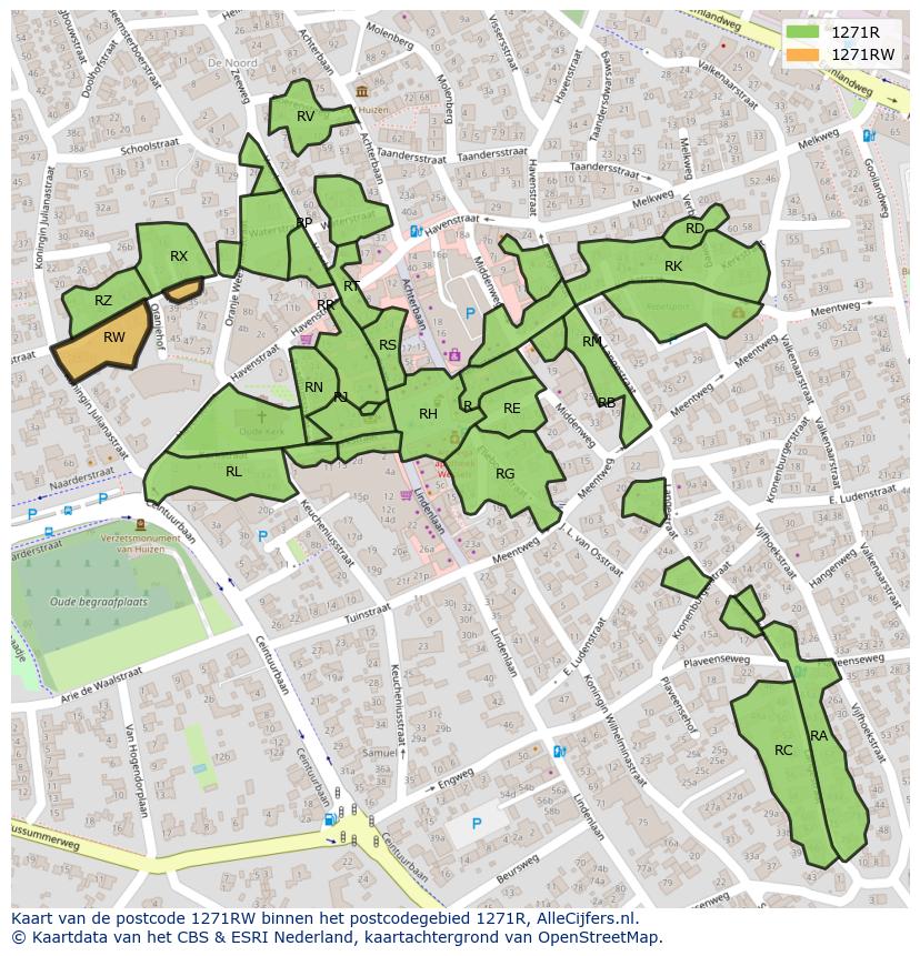 Afbeelding van het postcodegebied 1271 RW op de kaart.
