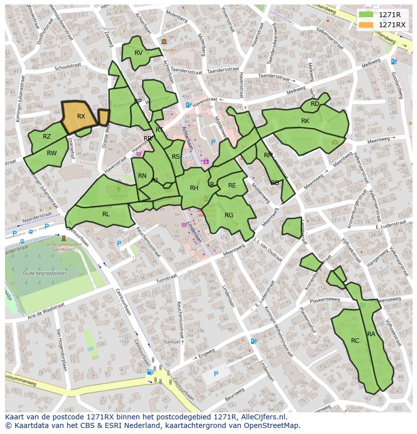 Afbeelding van het postcodegebied 1271 RX op de kaart.