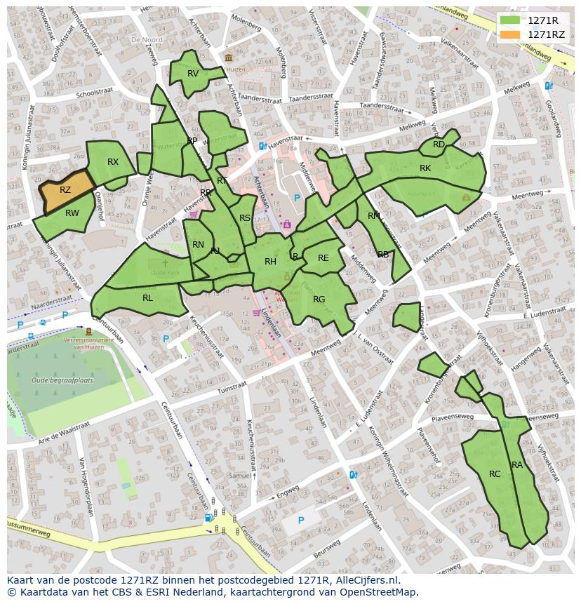Afbeelding van het postcodegebied 1271 RZ op de kaart.