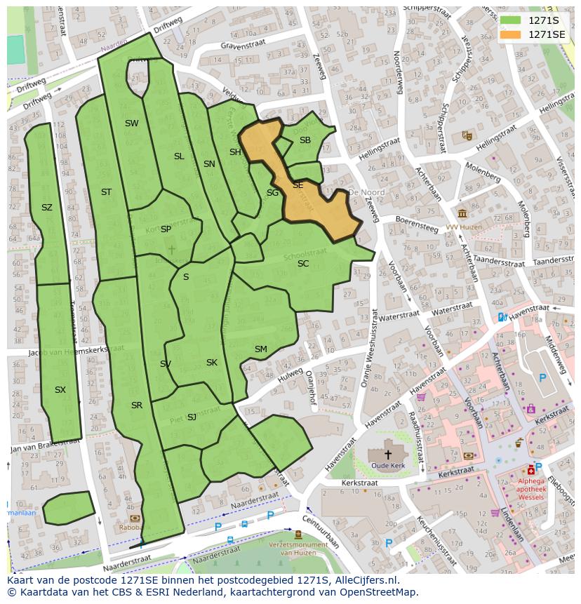Afbeelding van het postcodegebied 1271 SE op de kaart.