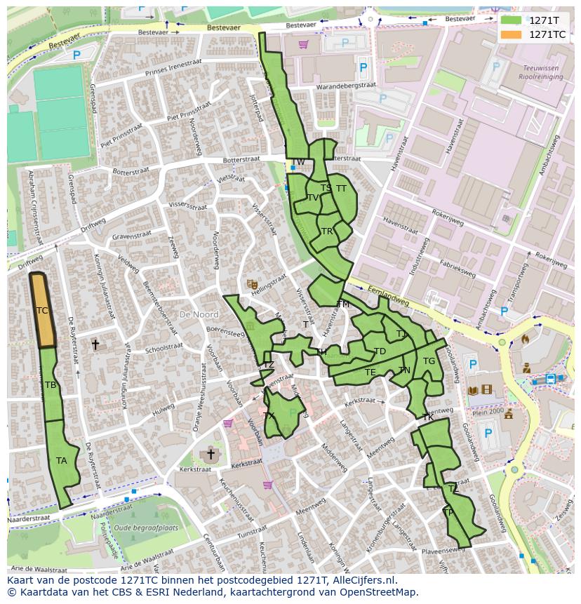 Afbeelding van het postcodegebied 1271 TC op de kaart.