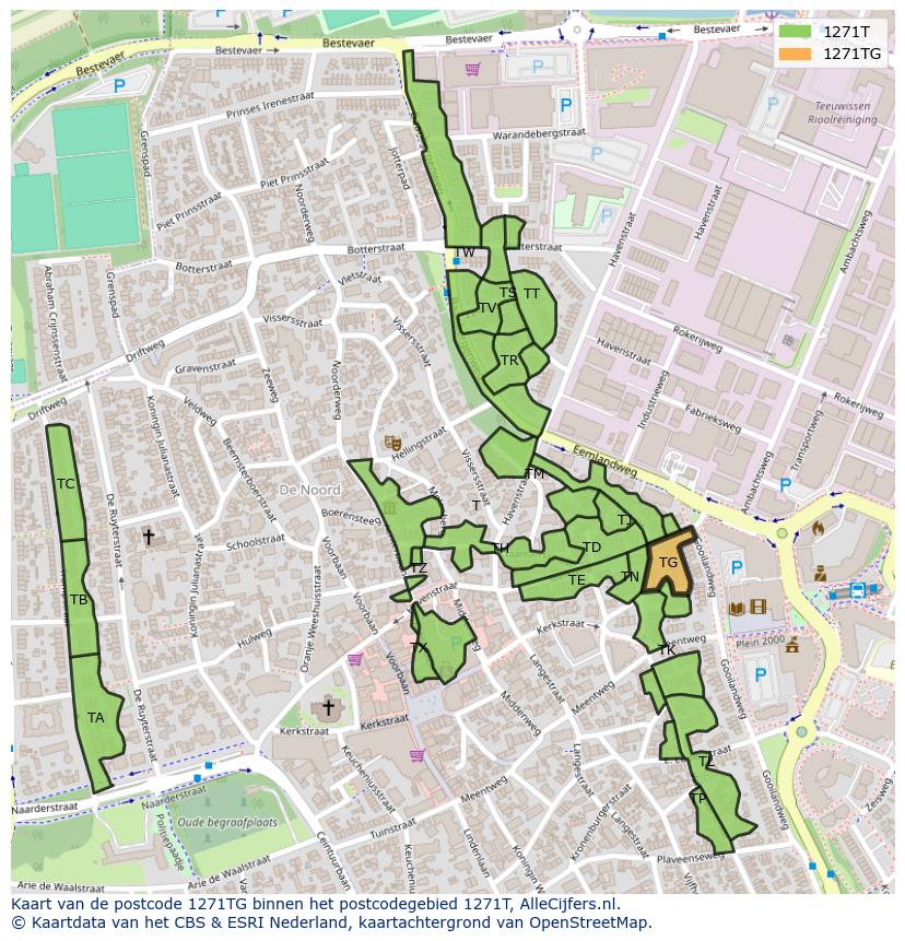Afbeelding van het postcodegebied 1271 TG op de kaart.