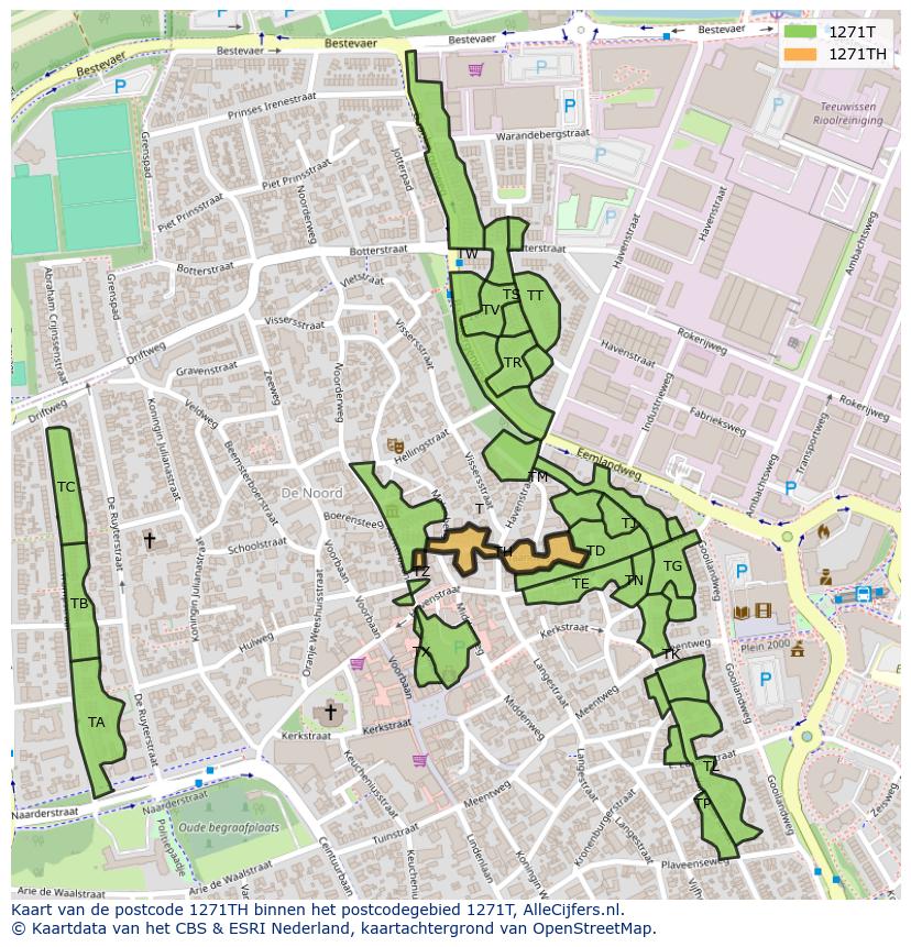Afbeelding van het postcodegebied 1271 TH op de kaart.