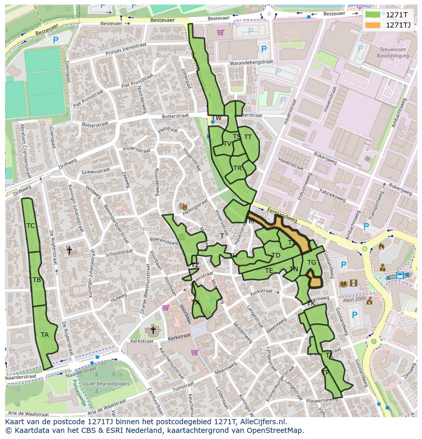Afbeelding van het postcodegebied 1271 TJ op de kaart.