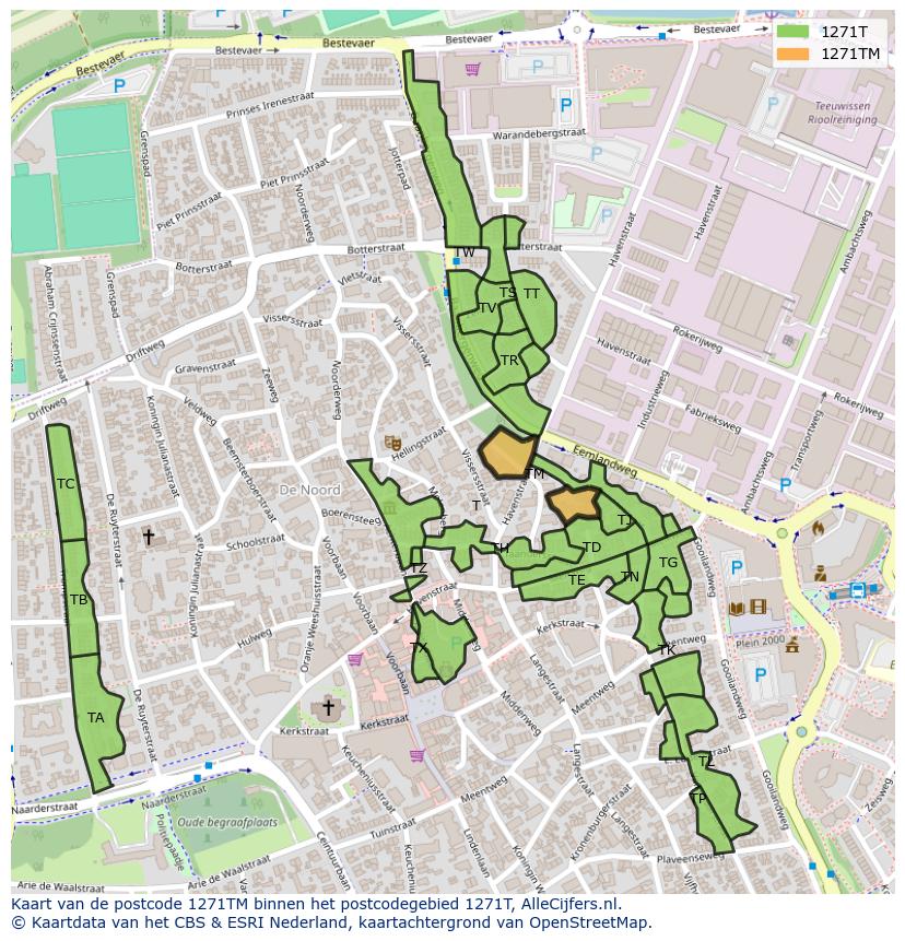 Afbeelding van het postcodegebied 1271 TM op de kaart.