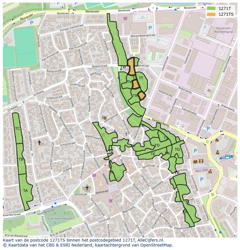 Afbeelding van het postcodegebied 1271 TS op de kaart.