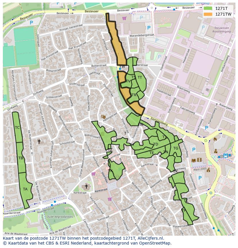 Afbeelding van het postcodegebied 1271 TW op de kaart.