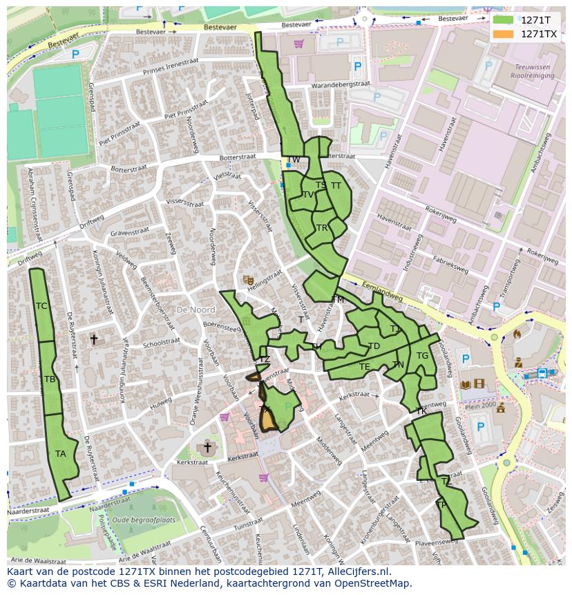 Afbeelding van het postcodegebied 1271 TX op de kaart.