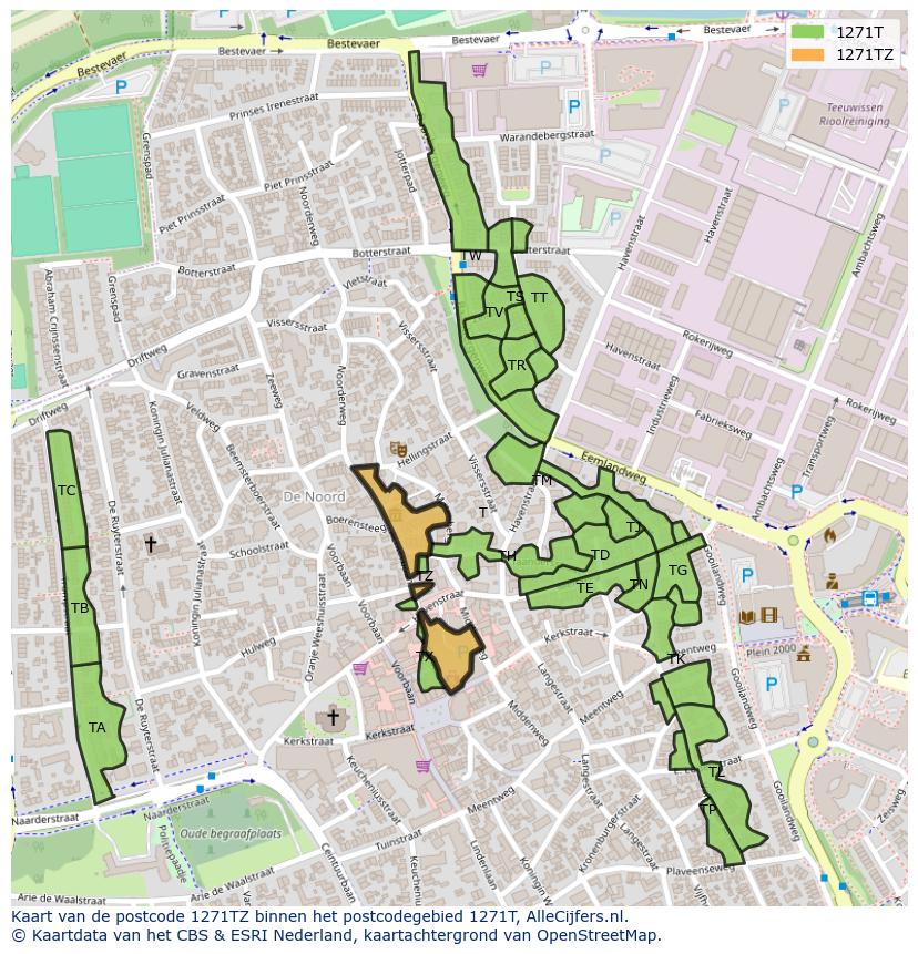 Afbeelding van het postcodegebied 1271 TZ op de kaart.