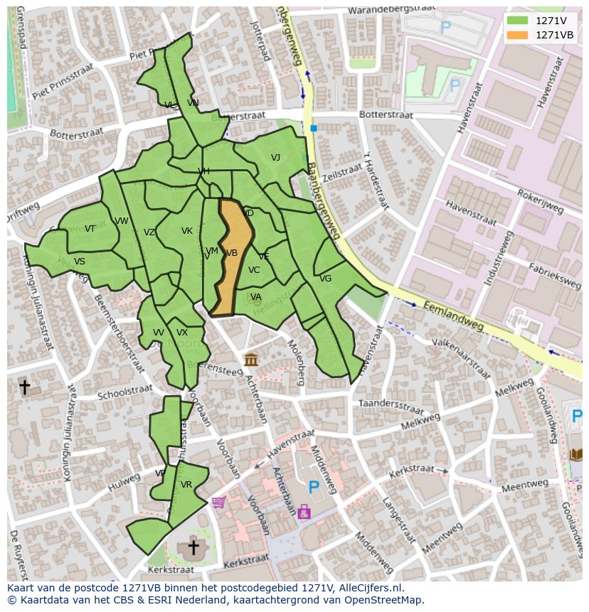 Afbeelding van het postcodegebied 1271 VB op de kaart.