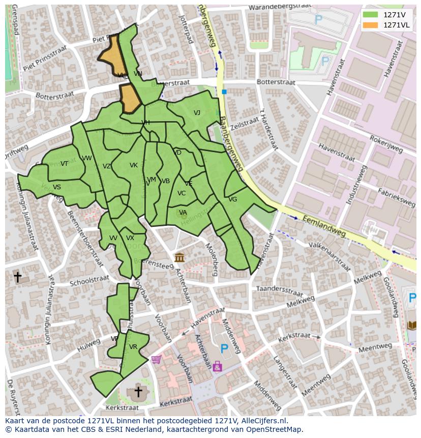 Afbeelding van het postcodegebied 1271 VL op de kaart.