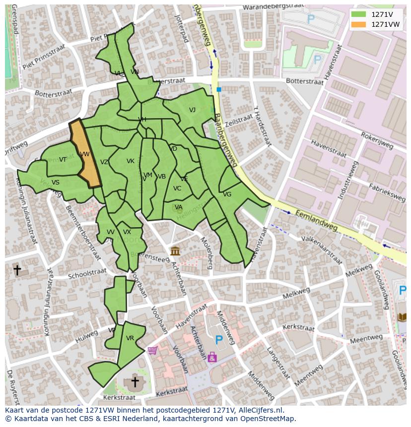 Afbeelding van het postcodegebied 1271 VW op de kaart.