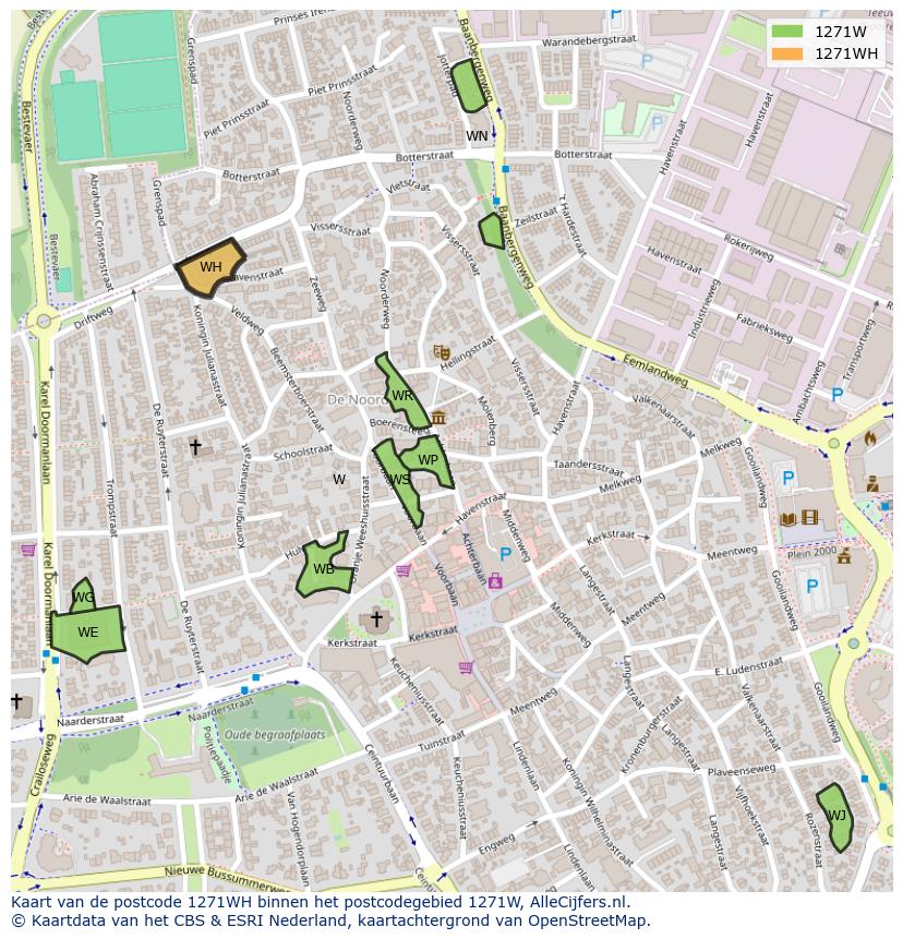 Afbeelding van het postcodegebied 1271 WH op de kaart.