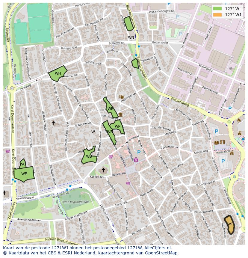Afbeelding van het postcodegebied 1271 WJ op de kaart.