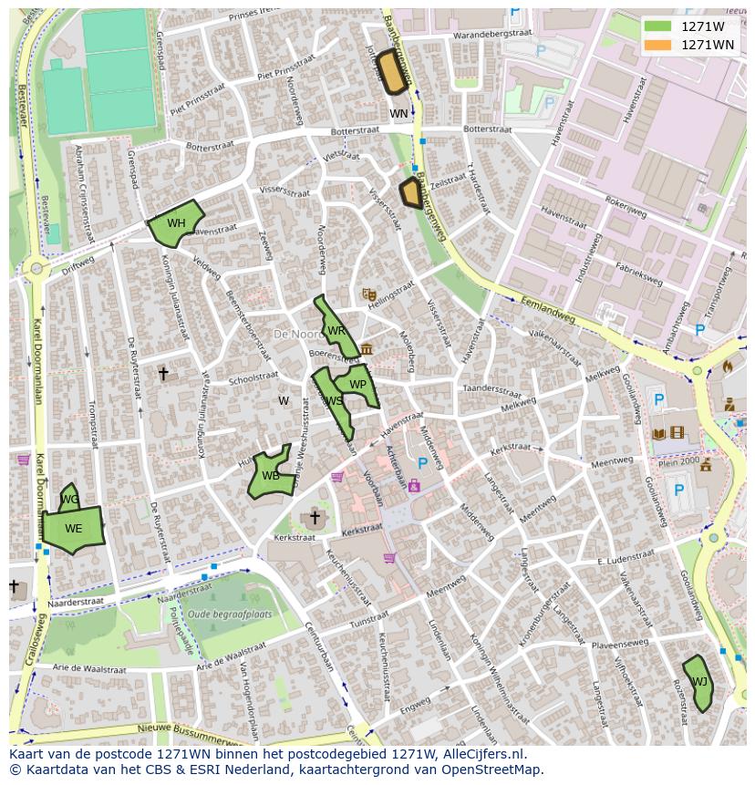 Afbeelding van het postcodegebied 1271 WN op de kaart.