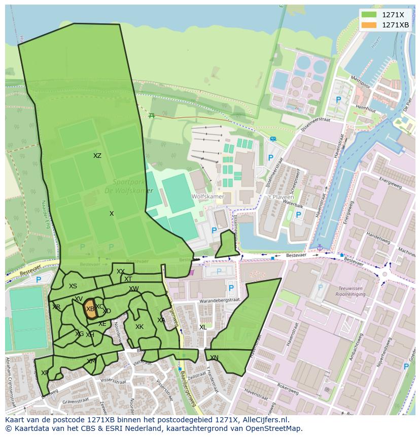 Afbeelding van het postcodegebied 1271 XB op de kaart.