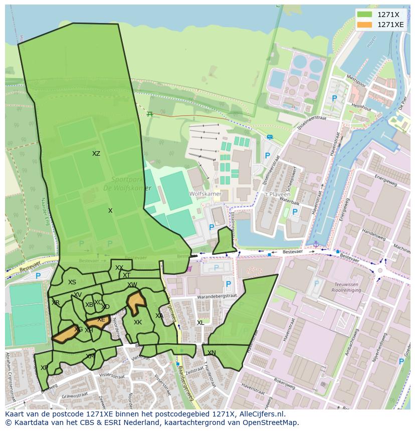 Afbeelding van het postcodegebied 1271 XE op de kaart.