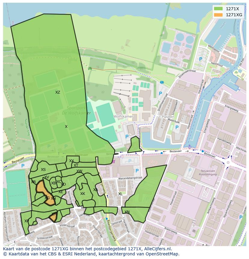 Afbeelding van het postcodegebied 1271 XG op de kaart.