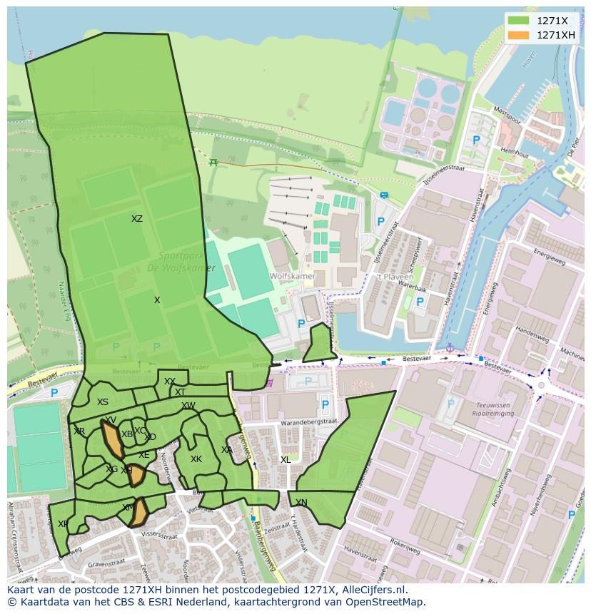 Afbeelding van het postcodegebied 1271 XH op de kaart.