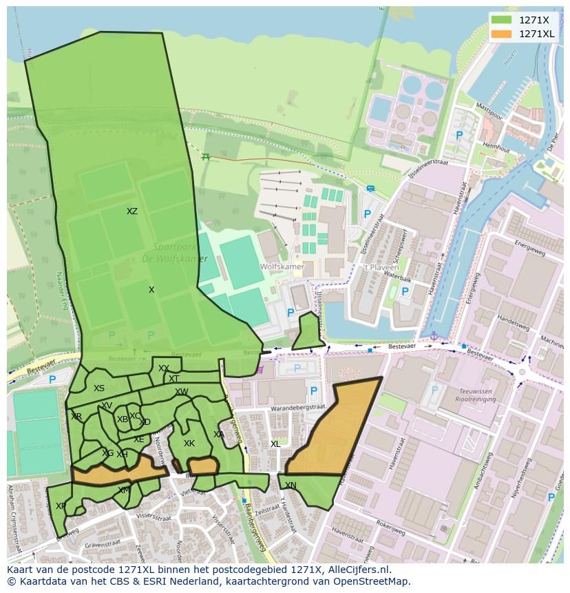 Afbeelding van het postcodegebied 1271 XL op de kaart.