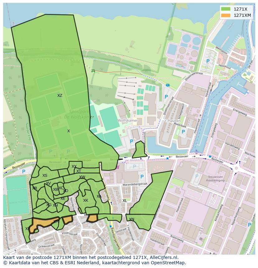 Afbeelding van het postcodegebied 1271 XM op de kaart.