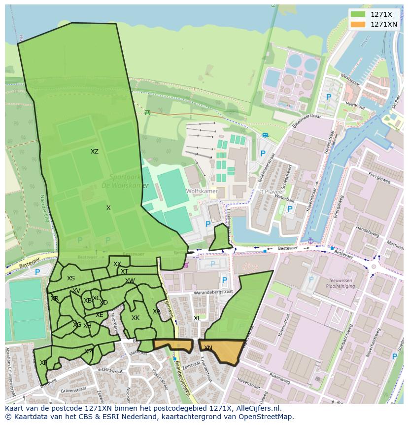 Afbeelding van het postcodegebied 1271 XN op de kaart.