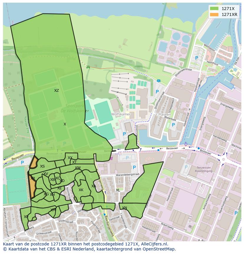 Afbeelding van het postcodegebied 1271 XR op de kaart.
