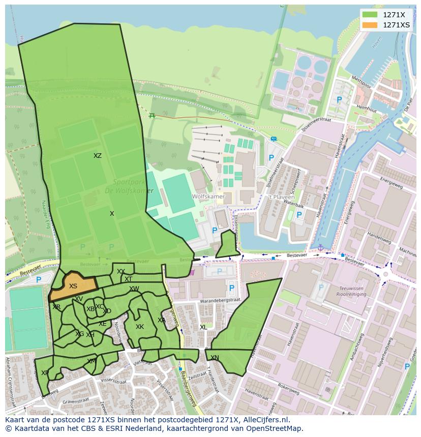 Afbeelding van het postcodegebied 1271 XS op de kaart.