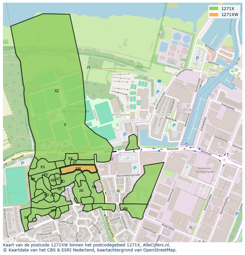 Afbeelding van het postcodegebied 1271 XW op de kaart.