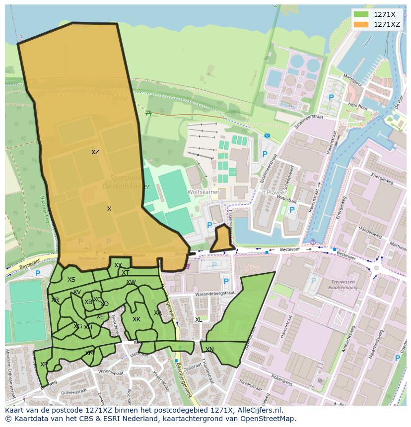 Afbeelding van het postcodegebied 1271 XZ op de kaart.