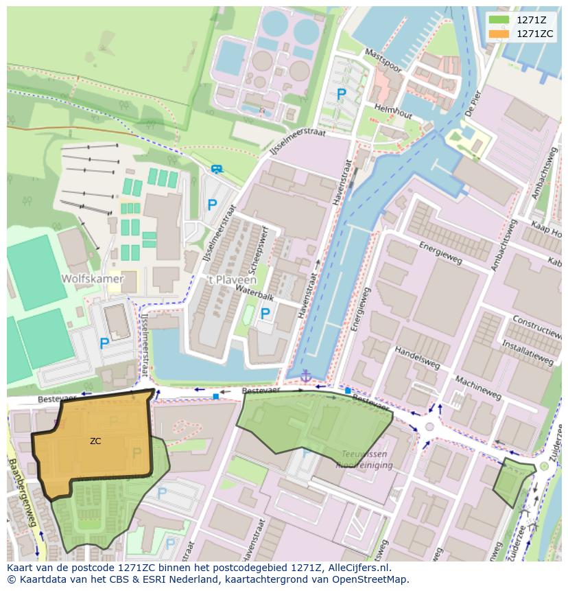 Afbeelding van het postcodegebied 1271 ZC op de kaart.