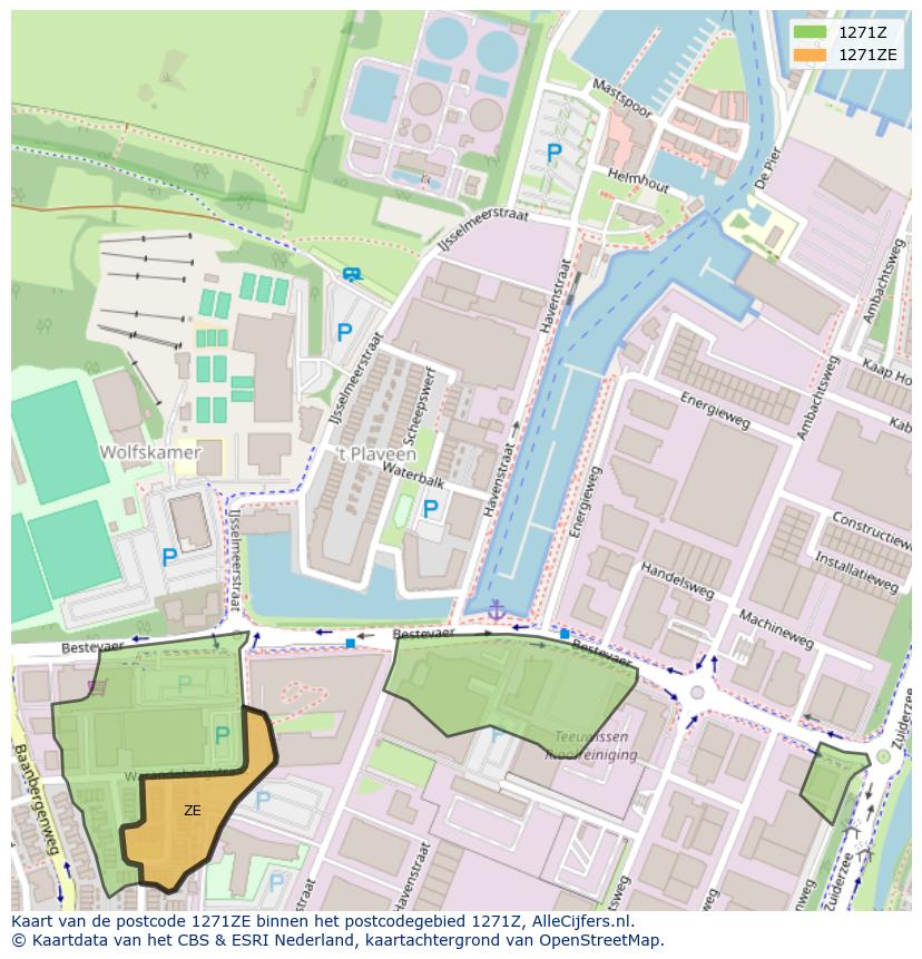 Afbeelding van het postcodegebied 1271 ZE op de kaart.