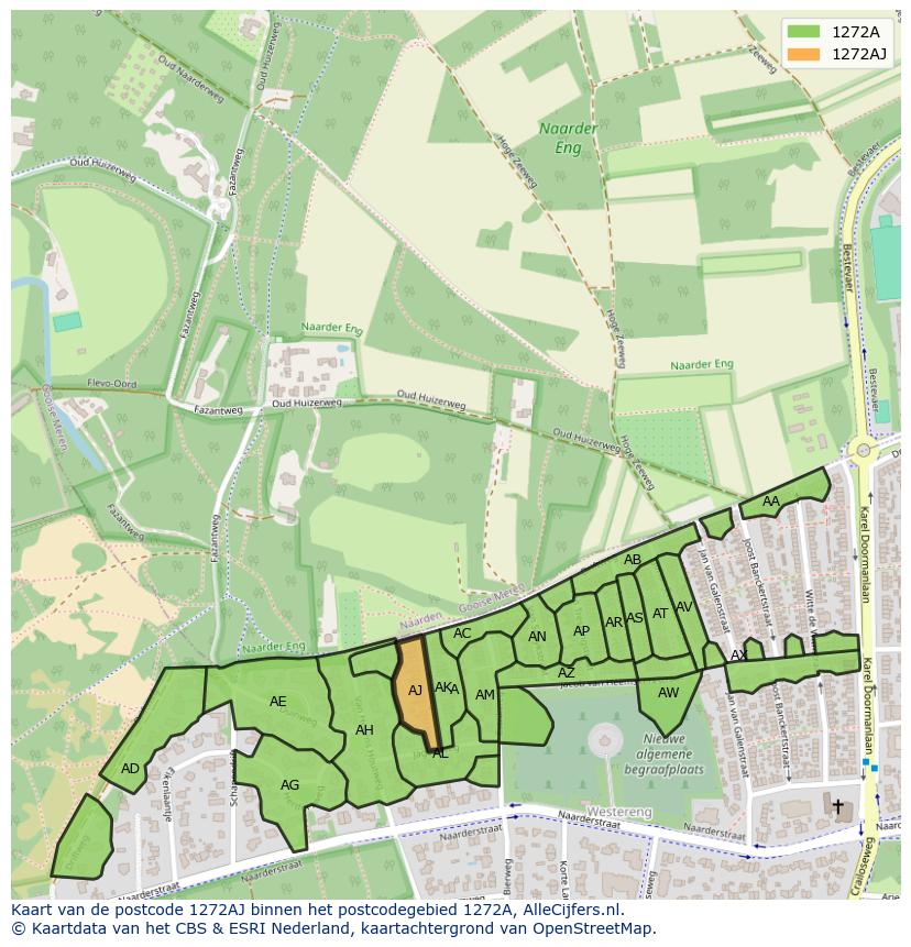 Afbeelding van het postcodegebied 1272 AJ op de kaart.