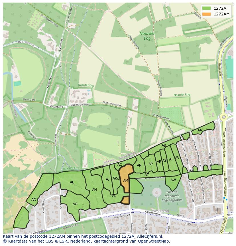 Afbeelding van het postcodegebied 1272 AM op de kaart.