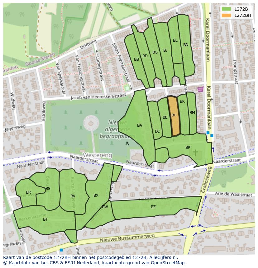 Afbeelding van het postcodegebied 1272 BH op de kaart.