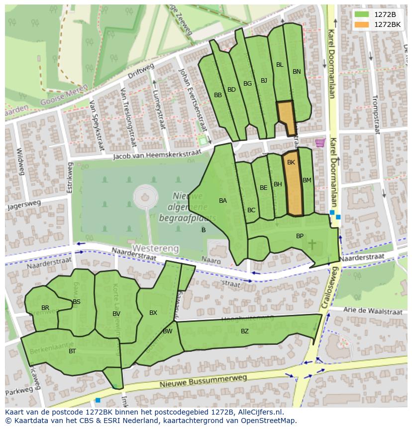 Afbeelding van het postcodegebied 1272 BK op de kaart.
