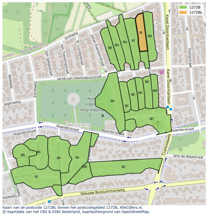Afbeelding van het postcodegebied 1272 BL op de kaart.